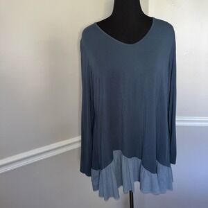 LOGO Lori Goldstein Top Women's XL Blue Long Sleeve V-Neck Sharkbite Hem Tunic